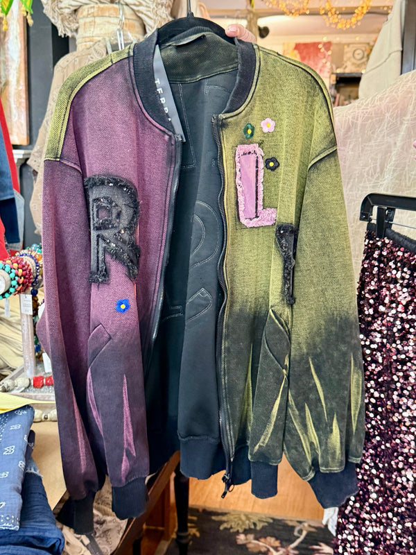 Sequin R&L patch bomber jacket in purple and yellow-green ombre with floral accents, styled with tiered maxi skirt - 6