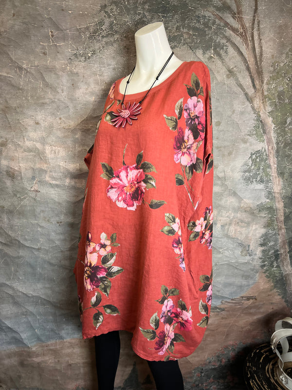 5202 Rosabella Floral Top/Dress-Burnt Red