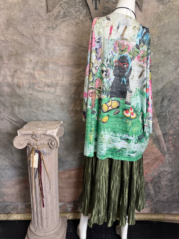 Burnout one size tunic top with whimsical tea party print in green, pink and black with colorful knotted necklace - 14
