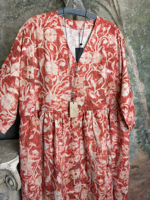 Peacock Ways NAYA Maxi Dress in Raven Red, 100% flax one size boho tie-dye pattern, $165 - 5