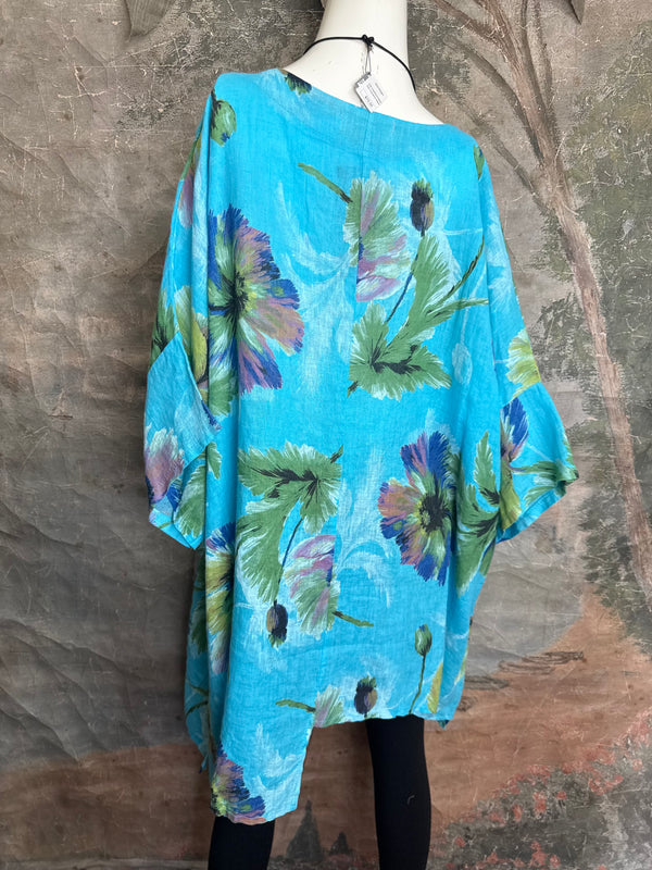 91225 Flower Garden Linen Top-Turq