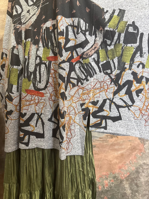 Oversized gray cat print crew pullover tunic with abstract art design on mannequin, styled with olive skirt and neon nec - 9