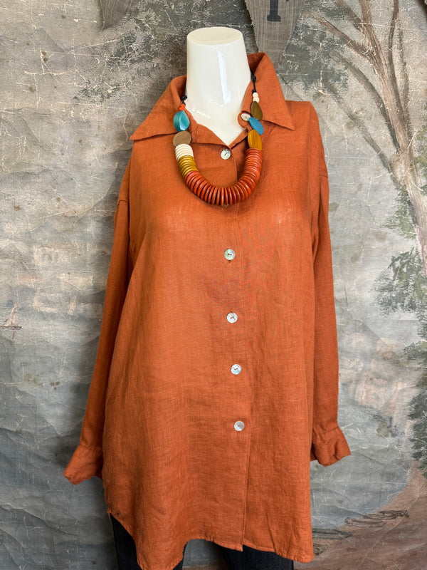 5021 Bettys Linen BF Bow Shirt-BRICK