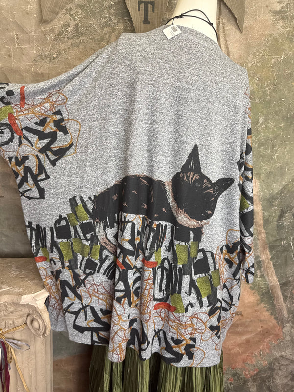Oversized gray cat print crew pullover tunic with abstract art design on mannequin, styled with olive skirt and neon nec - 17