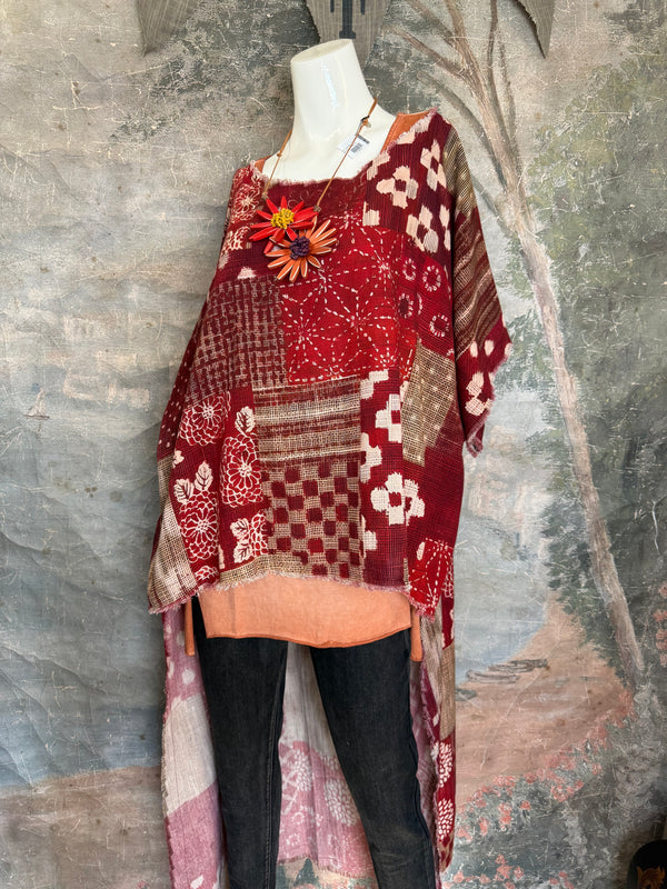 782 High Low Linen Tunic Top-Red/LOVE