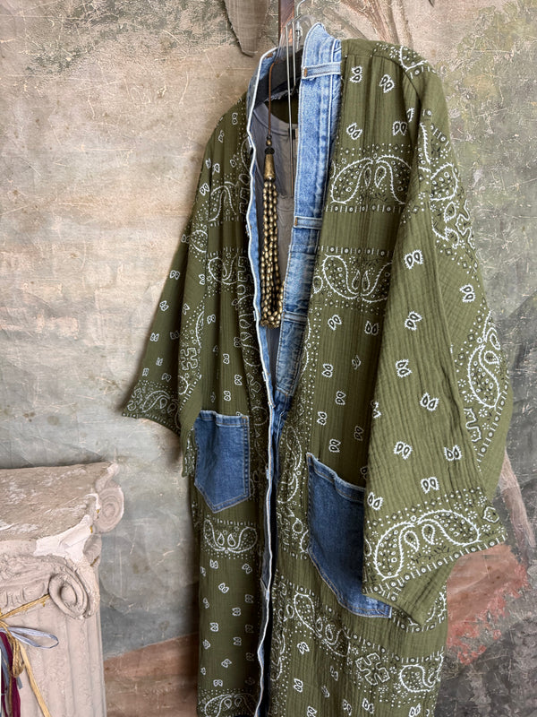 Olive bandana paisley print long kimono cardigan with light blue denim trim and front patch pockets - 5