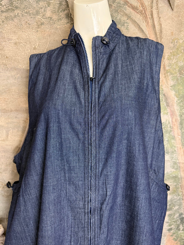 Long denim zip-front sleeveless vest with drawstring hem displayed on mannequin, boutique Merritt style - 3