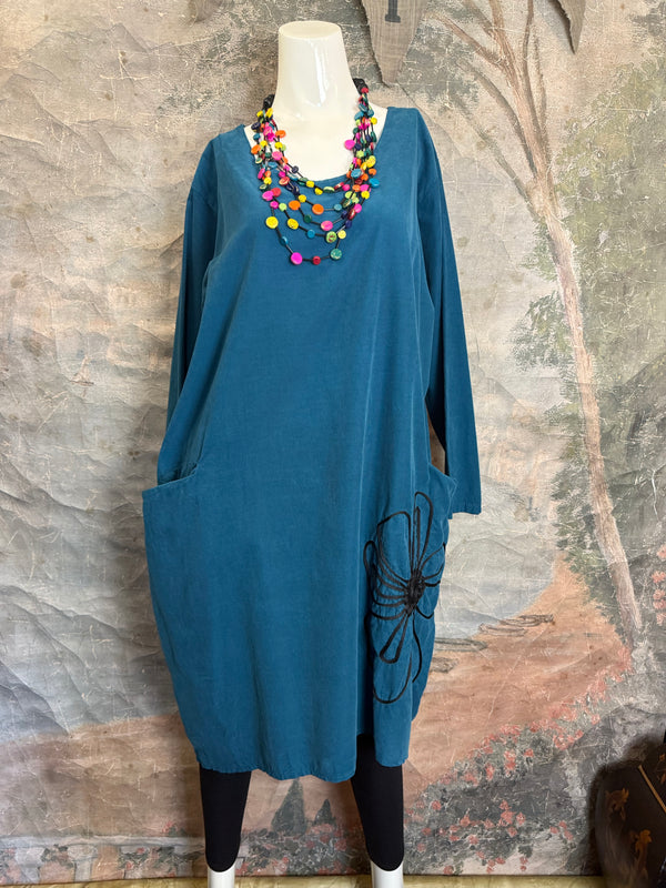 90847 Corduroy Sunflower Dress-Teal