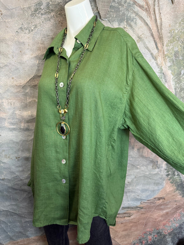 5021 Bettys Linen BF Bow Shirt-Dark Green