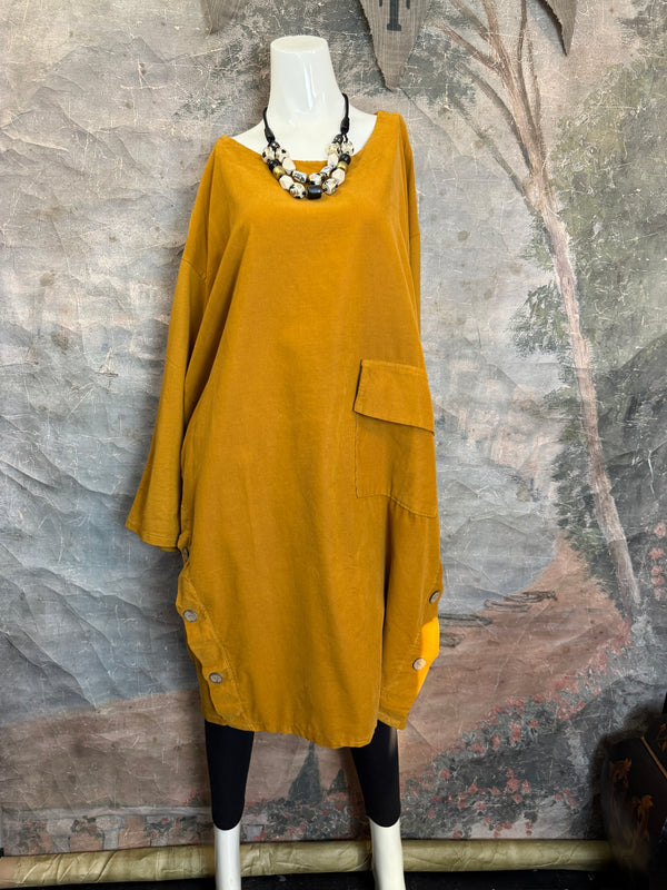 91805 Corduroy Button Dress-Mustard