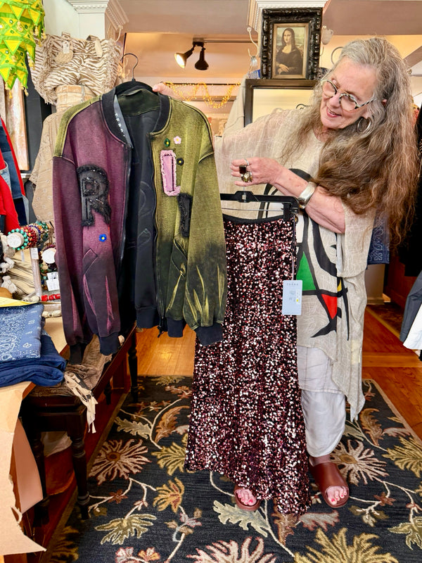 Sequin R&L patch bomber jacket in purple and yellow-green ombre with floral accents, styled with tiered maxi skirt - 5
