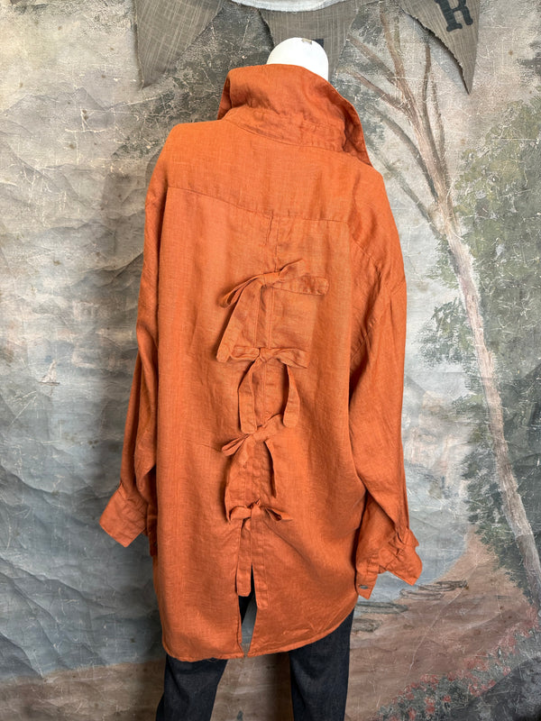 5021 Bettys Linen BF Bow Shirt-BRICK