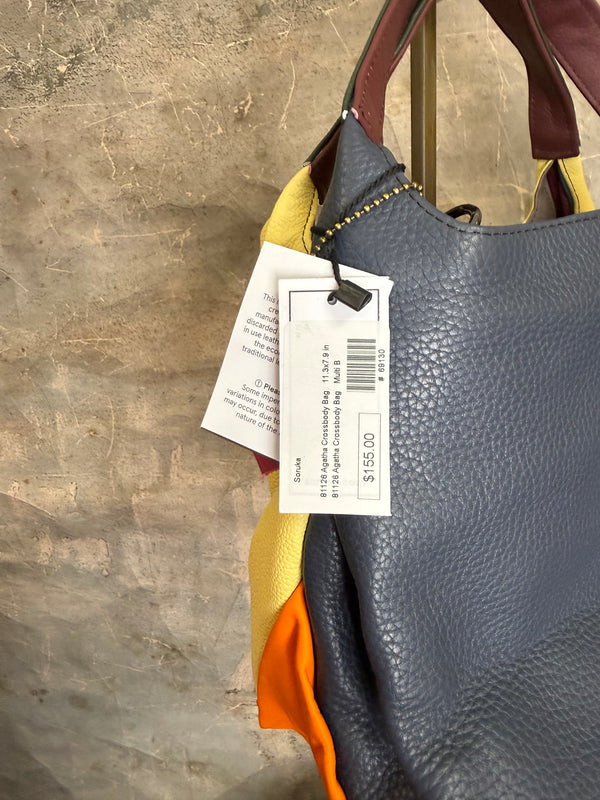 Soruka Agatha navy blue recycled leather crossbody bag with burgundy handle and orange lining, Barcelona handcrafted - 24