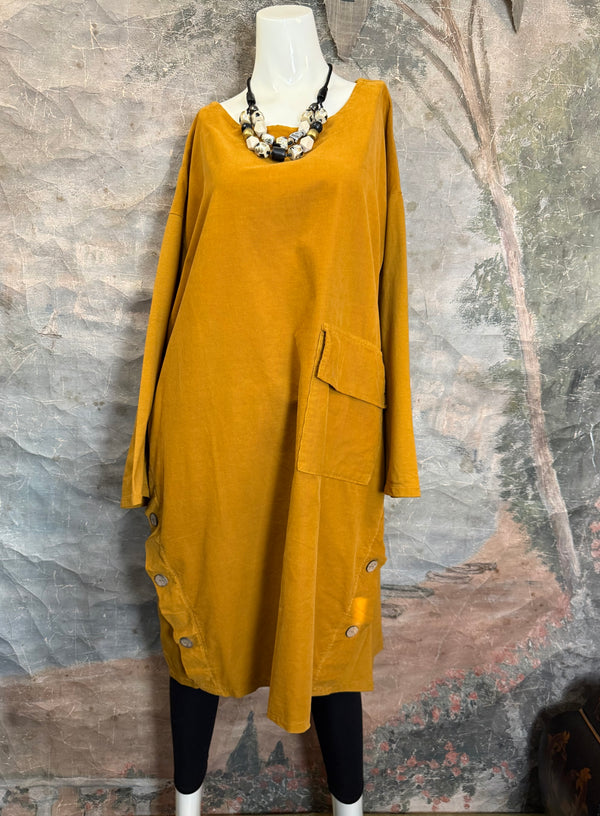 91805 Corduroy Button Dress-Mustard