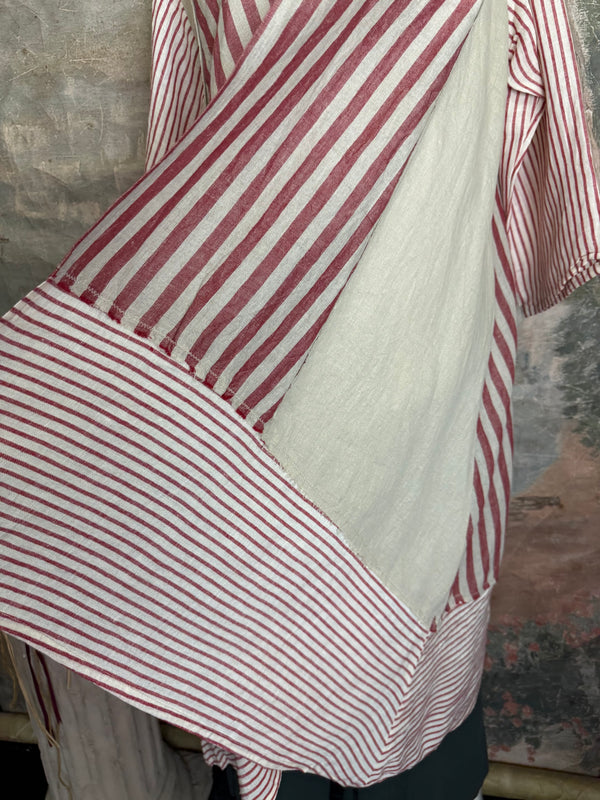Magnolia Pearl linen duster with red stripe panels and LOVE appliqué on back, bohemian oversized fit - 5