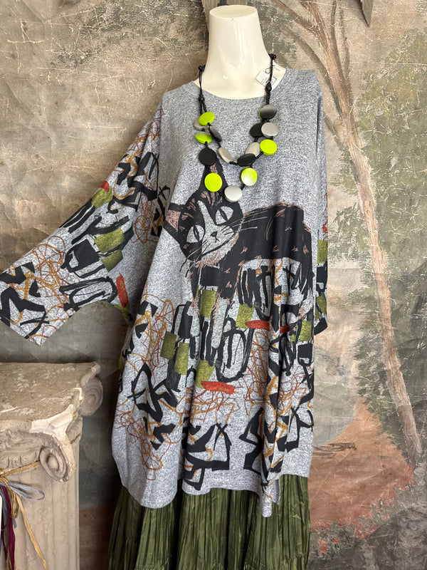 Oversized gray cat print crew pullover tunic with abstract art design on mannequin, styled with olive skirt and neon nec - 5