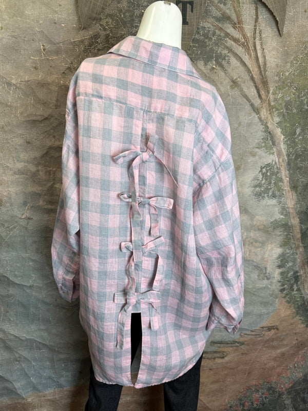 5021 Bettys Linen BF Bow Shirt-PINK/GREY BUFFALO PLAID