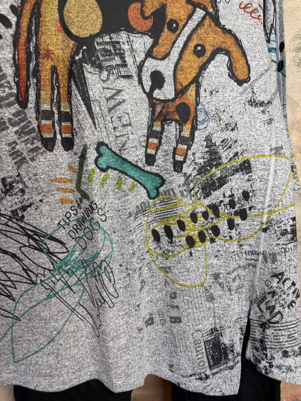 Oversized gray crew pullover with colorful graffiti-style dog graphic print, long sleeves, one size fits all - 10