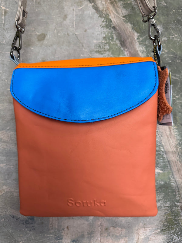 Soruka burgundy leather crossbody bag with orange trim and silver zipper, colorblock mini purse with chain strap - 16