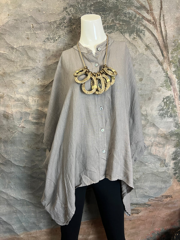 31163 Linen Mandarin Collar Top-Taupe