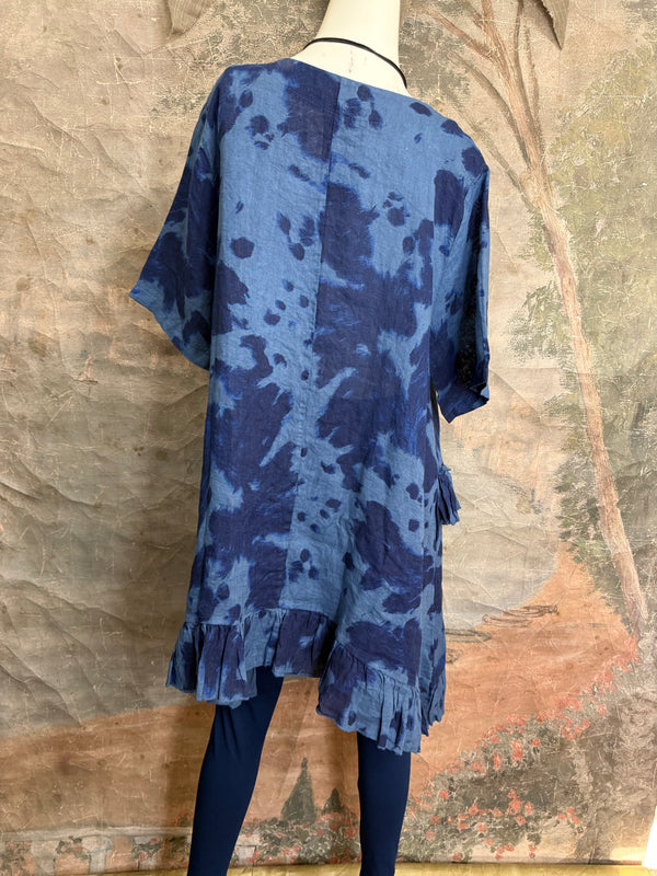 91307T-62 Ruffle Tie-Dye Tunic-Blue