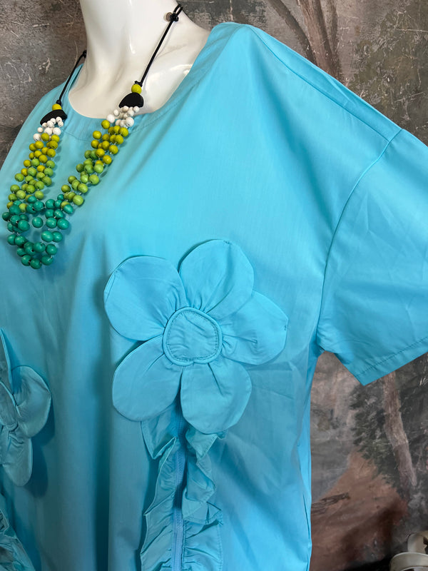 90915 Floral Applica Tunic W/Slits-Blue