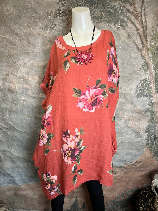 5202 Rosabella Floral Top/Dress-Burnt Red