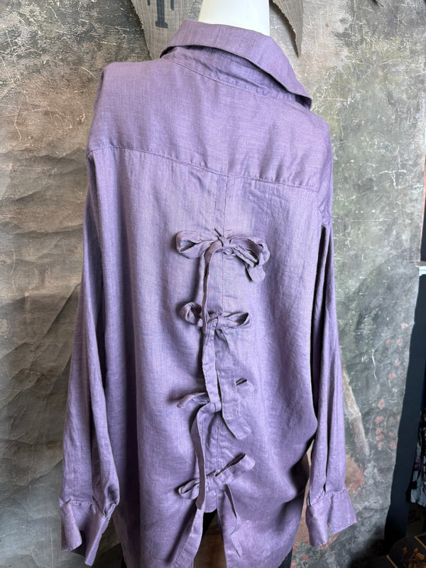 5021 Bettys Linen BF Bow Shirt-Lilac Grey