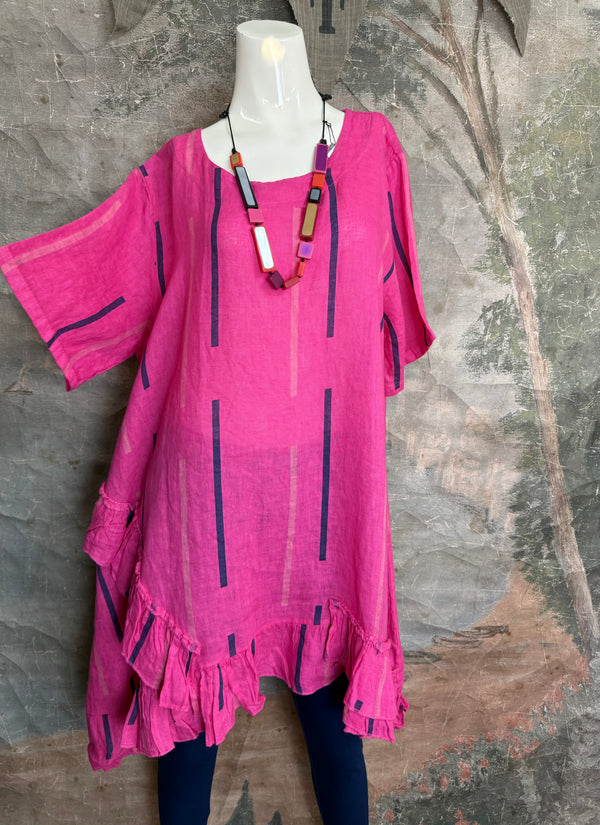 91307S Ruffle Stripe Tunic-Fuchsia