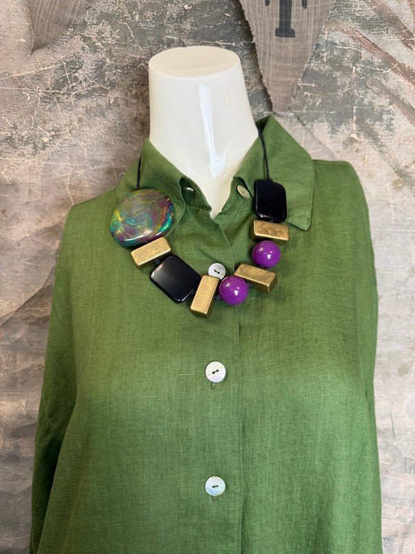 5021 Bettys Linen BF Bow Shirt-Dark Green