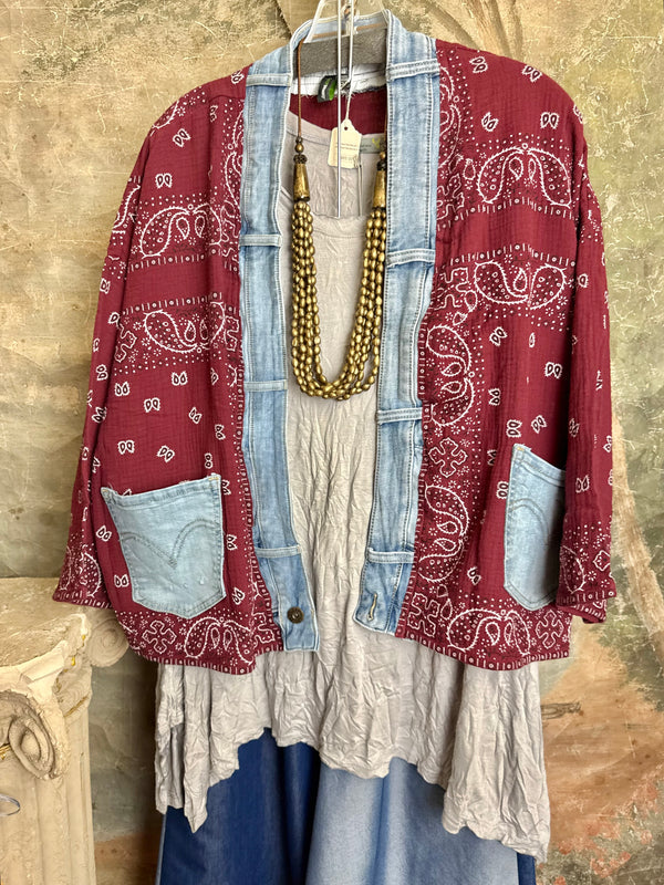 Burgundy bandana print short kimono with denim pocket accents, layered over white top and blue denim skirt with bead nec - 2