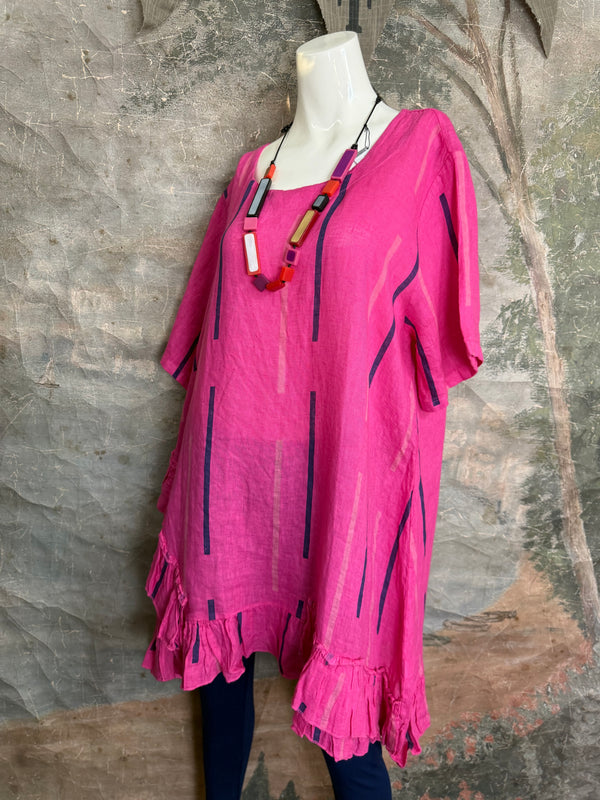 91307S Ruffle Stripe Tunic-Fuchsia
