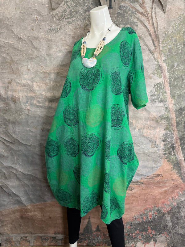 91311A Circles Drawstring Dress-Green