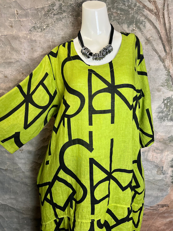 91470 S/Slv Tunic Letter Dress-KIWI