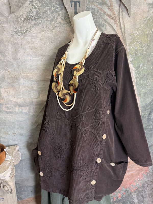 91983A-62 Buttoned Stitch Tunic-Brown