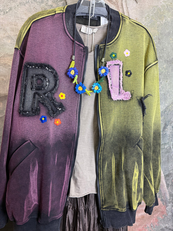 Sequin R&L patch bomber jacket in purple and yellow-green ombre with floral accents, styled with tiered maxi skirt - 9