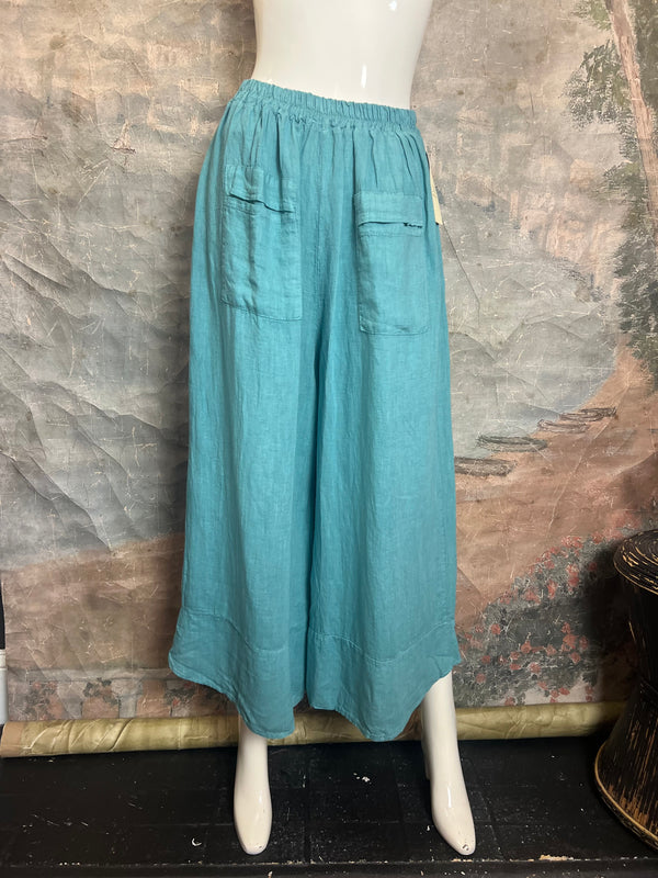 3248 Linen Button Detail Pants-Sea Blue