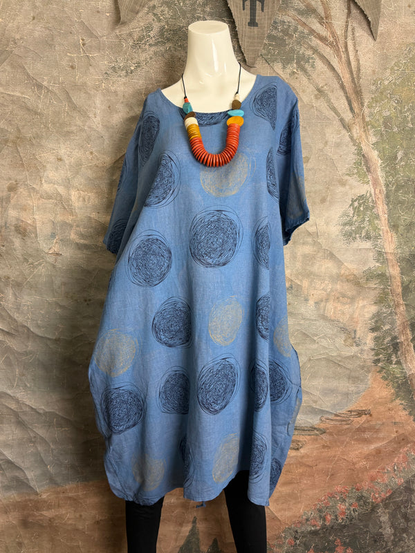 91311A Circles Drawstring Dress-Blue