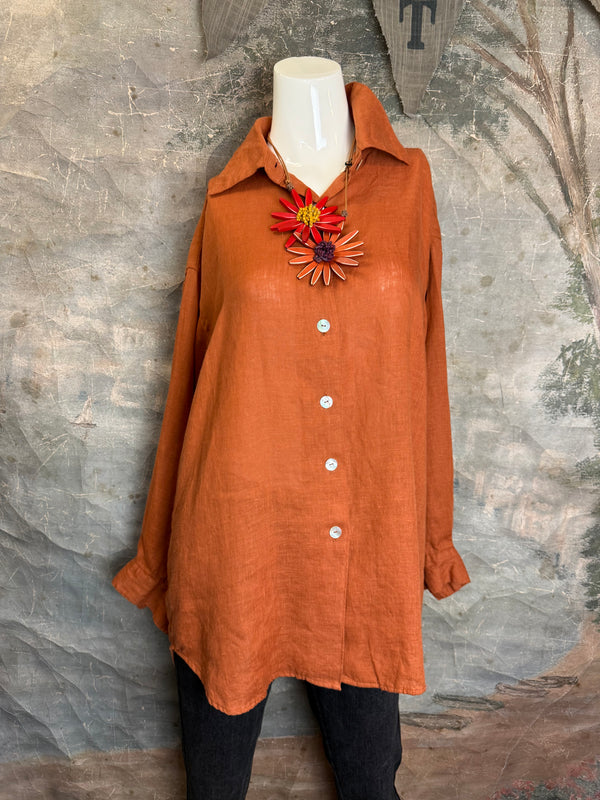 5021 Bettys Linen BF Bow Shirt-BRICK