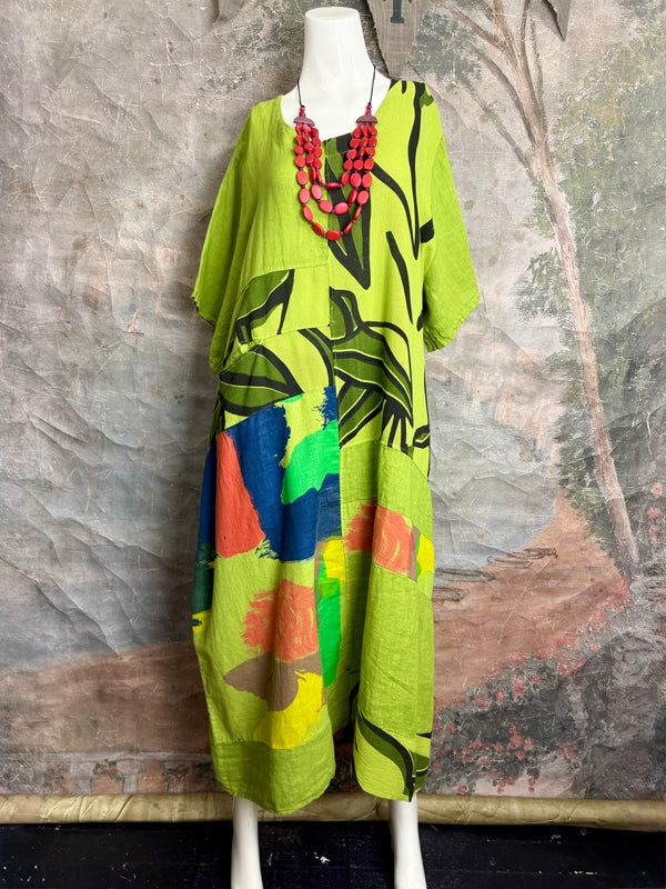 90617P-23 Linen Paint Dress-Kiwi