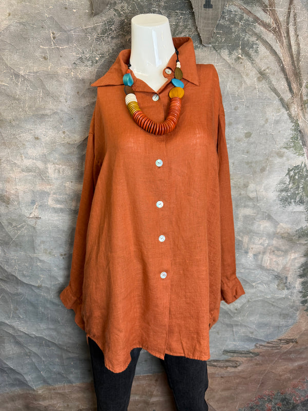 5021 Bettys Linen BF Bow Shirt-BRICK