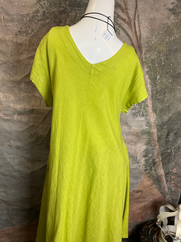 30638 Linen V-neck Flare Dress-Moss Green