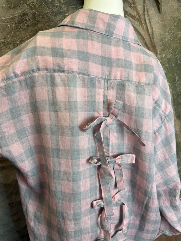 5021 Bettys Linen BF Bow Shirt-PINK/GREY BUFFALO PLAID