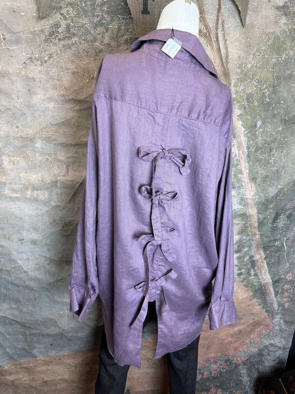 5021 Bettys Linen BF Bow Shirt-Lilac Grey