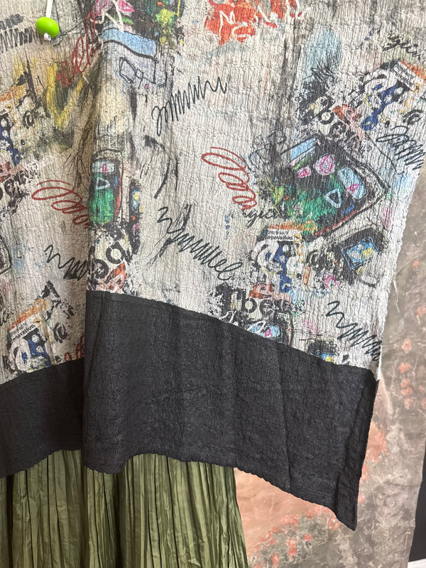 T1597 Waffle Knit Pullover with graffiti print over olive green crinkle tiered skirt on mannequin - 7