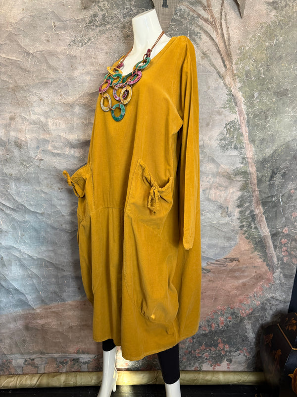 92003 Corduroy Pocket Dress-Mustard
