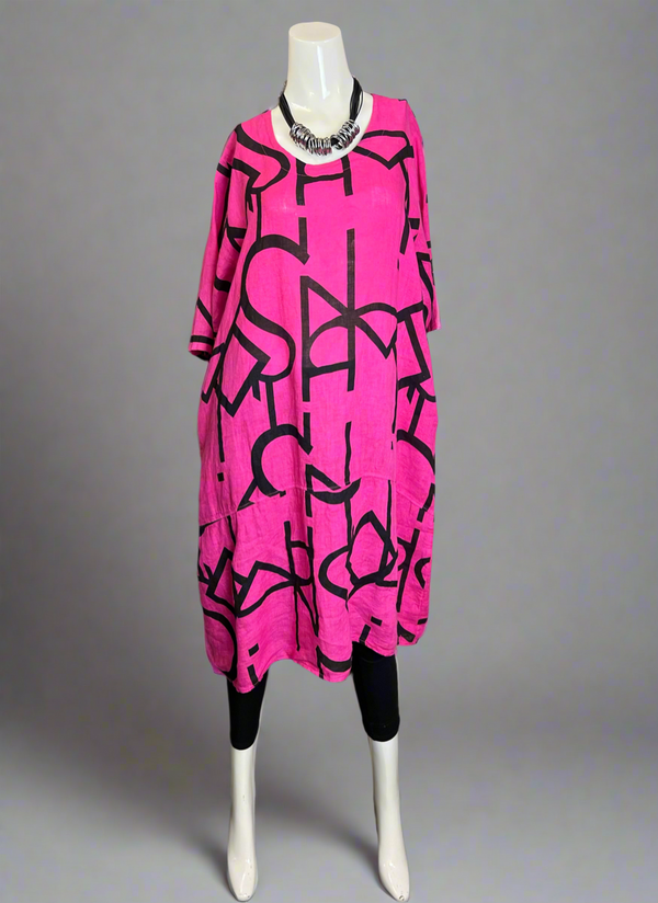 91470 S/Slv Tunic Letter Dress-Fuchsia Pink
