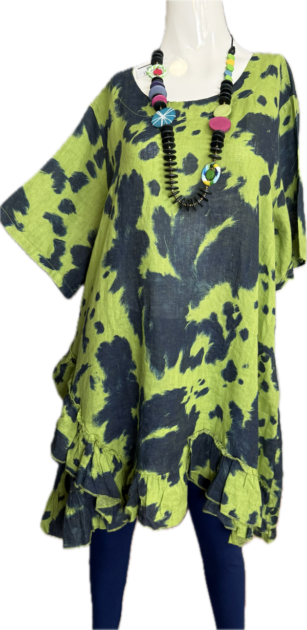 91307T-62 Ruffle Tie-Dye Tunic-Kiwi