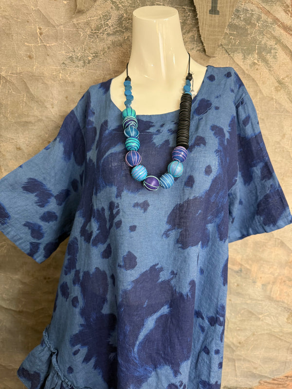 91307T-62 Ruffle Tie-Dye Tunic-Blue