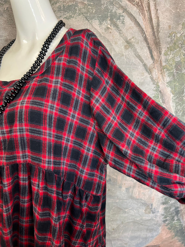 5543 Baby Doll Flannel Top-RED PLAID